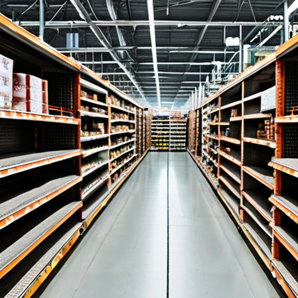 **Prompt:** A visually impactful scene depicting the fragility of global supply chains. Focus on a grocery store aisle with starkly empty shelves in the foreground. In the background, subtly illustrate a chaotic and broken global network: container ships jammed in a distant port, factories appearing shut down, and fractured lines representing disrupted logistics. The overall mood should convey vulnerability and a sense of disruption, emphasizing the "painful lessons of global shocks." Use a realistic, slightly desaturated style to highlight the severity.
