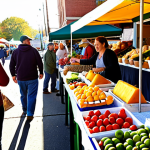**

A vibrant farmers market scene on a sunny Saturday morning. Focus on colorful displays of locally grown fruits and vegetables, artisanal cheeses, and handcrafted goods. People are interacting with vendors, smiling, and buying produce. In the background, a "Shop Local" banner is visible. The overall impression should be one of community, freshness, and supporting small businesses. Golden hour lighting.

**