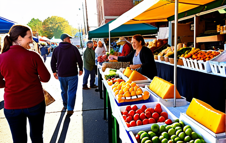 **
A vibrant farmers market scene on a sunny Saturday morning. Focus on colorful displays of locally grown fruits and vegetables, artisanal cheeses, and handcrafted goods. People are interacting with vendors, smiling, and buying produce. In the background, a "Shop Local" banner is visible. The overall impression should be one of community, freshness, and supporting small businesses. Golden hour lighting.
**