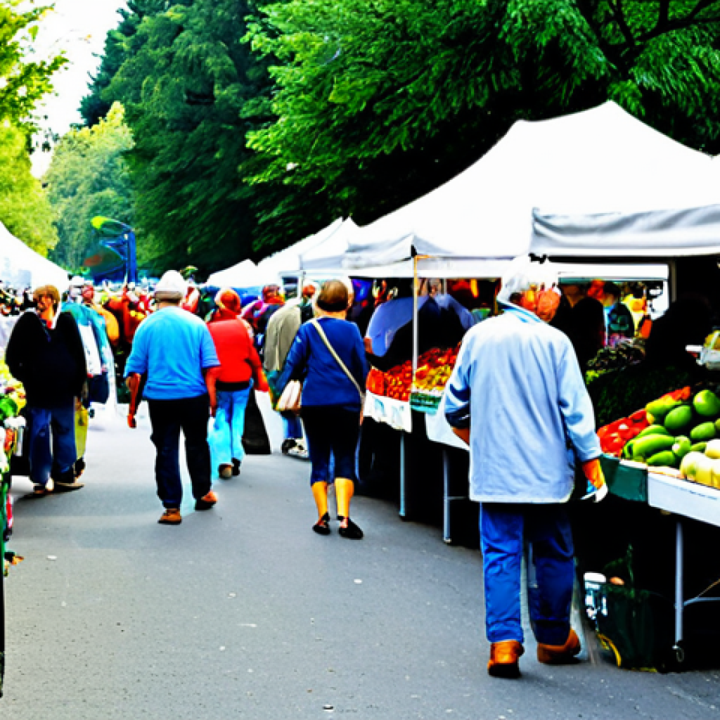 Bustling Farmer's Market**
"A vibrant and colorful farmer's market scene on a sunny Saturday morning. Farmers are selling fresh produce from their stalls, displaying fruits, vegetables, honey, and homemade jams. Shoppers are browsing the goods, engaging with the vendors, and carrying reusable shopping bags. Fully clothed, appropriate attire, safe for work, perfect anatomy, natural proportions, professional photography, high quality, family-friendly."
**