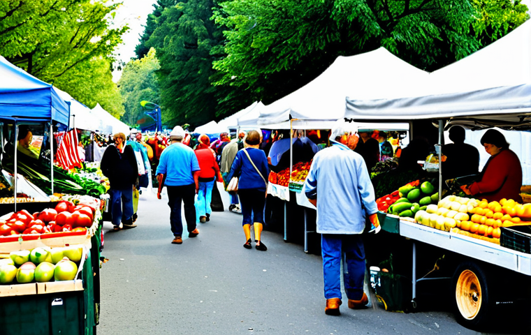 Bustling Farmer's Market**
"A vibrant and colorful farmer's market scene on a sunny Saturday morning. Farmers are selling fresh produce from their stalls, displaying fruits, vegetables, honey, and homemade jams. Shoppers are browsing the goods, engaging with the vendors, and carrying reusable shopping bags. Fully clothed, appropriate attire, safe for work, perfect anatomy, natural proportions, professional photography, high quality, family-friendly."
**