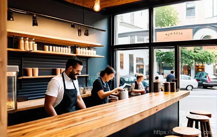 지역생산과 지역 경제 발전 - **Prompt:** A cozy, inviting independent coffee shop interior during a sunny afternoon. The space fe...