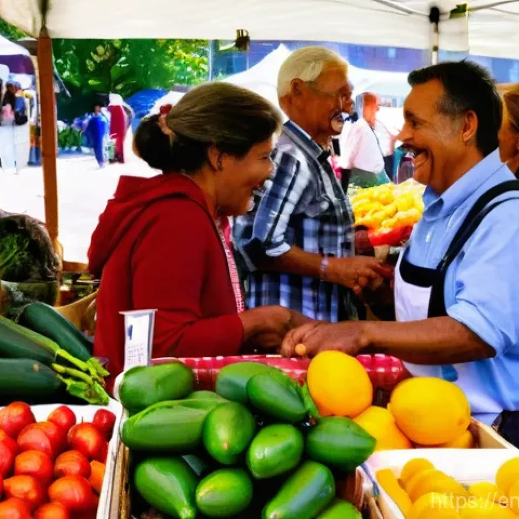 지역생산과 고객 충성도 - Vibrant Local Market Gathering**
A bustling, sunlit outdoor local farmers' market on a Saturday morn...