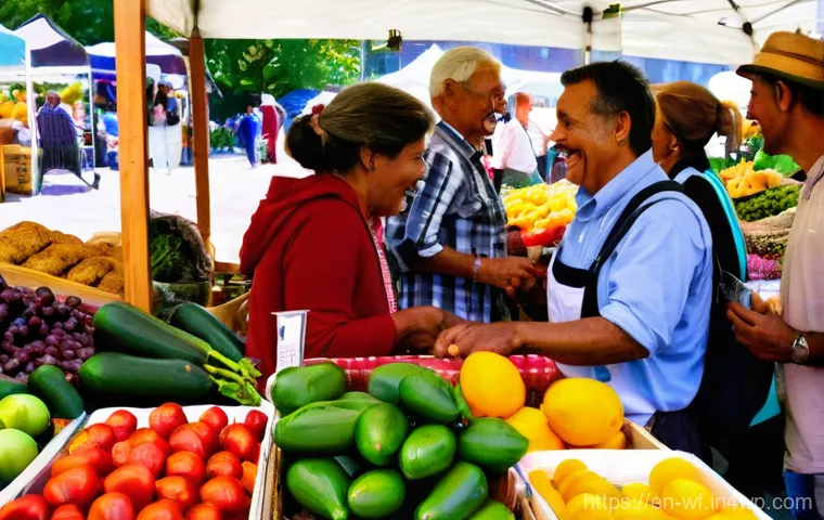지역생산과 고객 충성도 - Vibrant Local Market Gathering**
A bustling, sunlit outdoor local farmers' market on a Saturday morn...