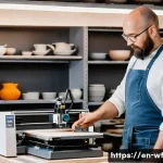 Home 18 지역생산에서 기술의 역할 - **A focused ceramicist in a modern workshop:** A mid-30s ceramicist, dressed in a practical apron ov...