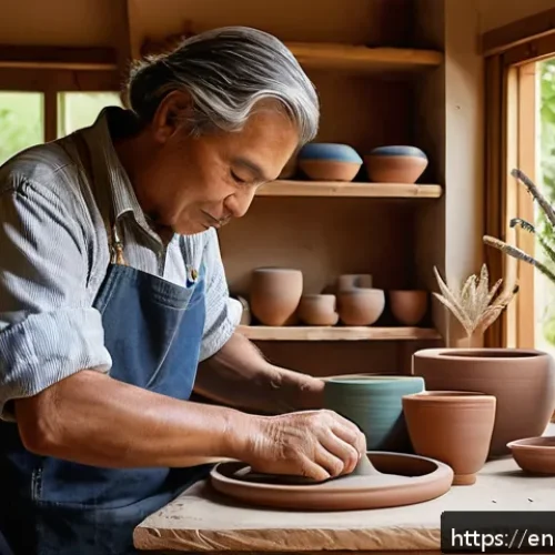 Home 15 지역생산과 문화적 가치 - A cozy artisan pottery studio bathed in natural light, showcasing a middle-aged craftsman carefully ...