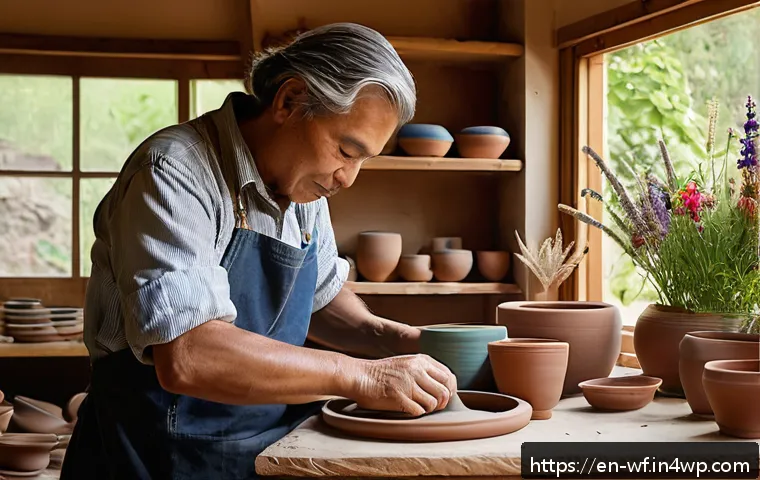 지역생산과 문화적 가치 - A cozy artisan pottery studio bathed in natural light, showcasing a middle-aged craftsman carefully ...