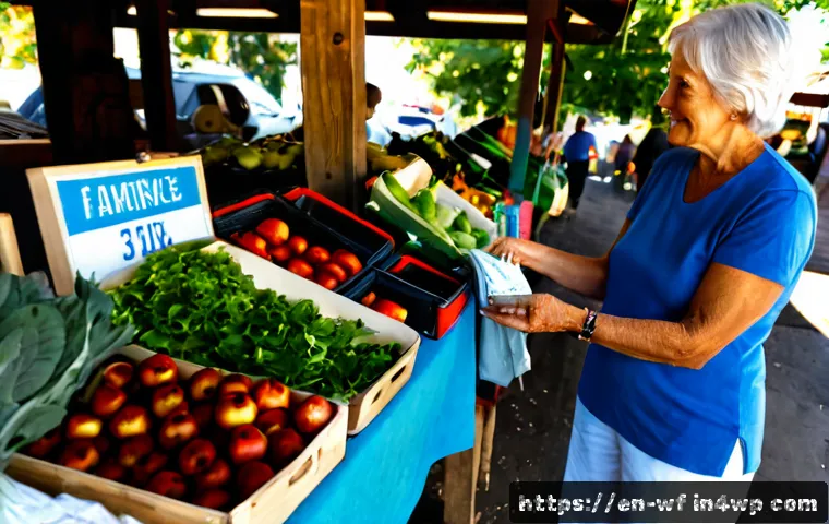 지역생산과 소비자 행동 분석 - Photorealistic farmers’ market scene in a small American town, an older woman comparing fresh apples...