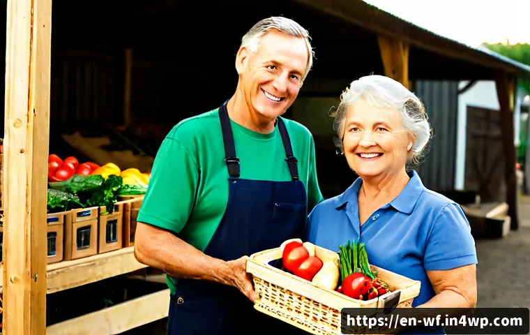 지역생산의 소비자 신뢰 구축 방법 - Photorealistic farmers market scene in a small American town, friendly local grower in clean work cl...